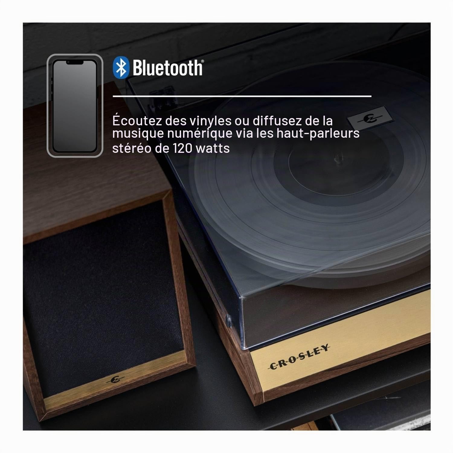 Crosley C72 Tourne-Disque avec Haut-parleurs – Tourne-Disque Bluetooth avec Haut-parleurs d'étagère de 60 W, Lecteur Vinyle Facile à Installer avec Couvercle Anti-poussière, système d'étagère,