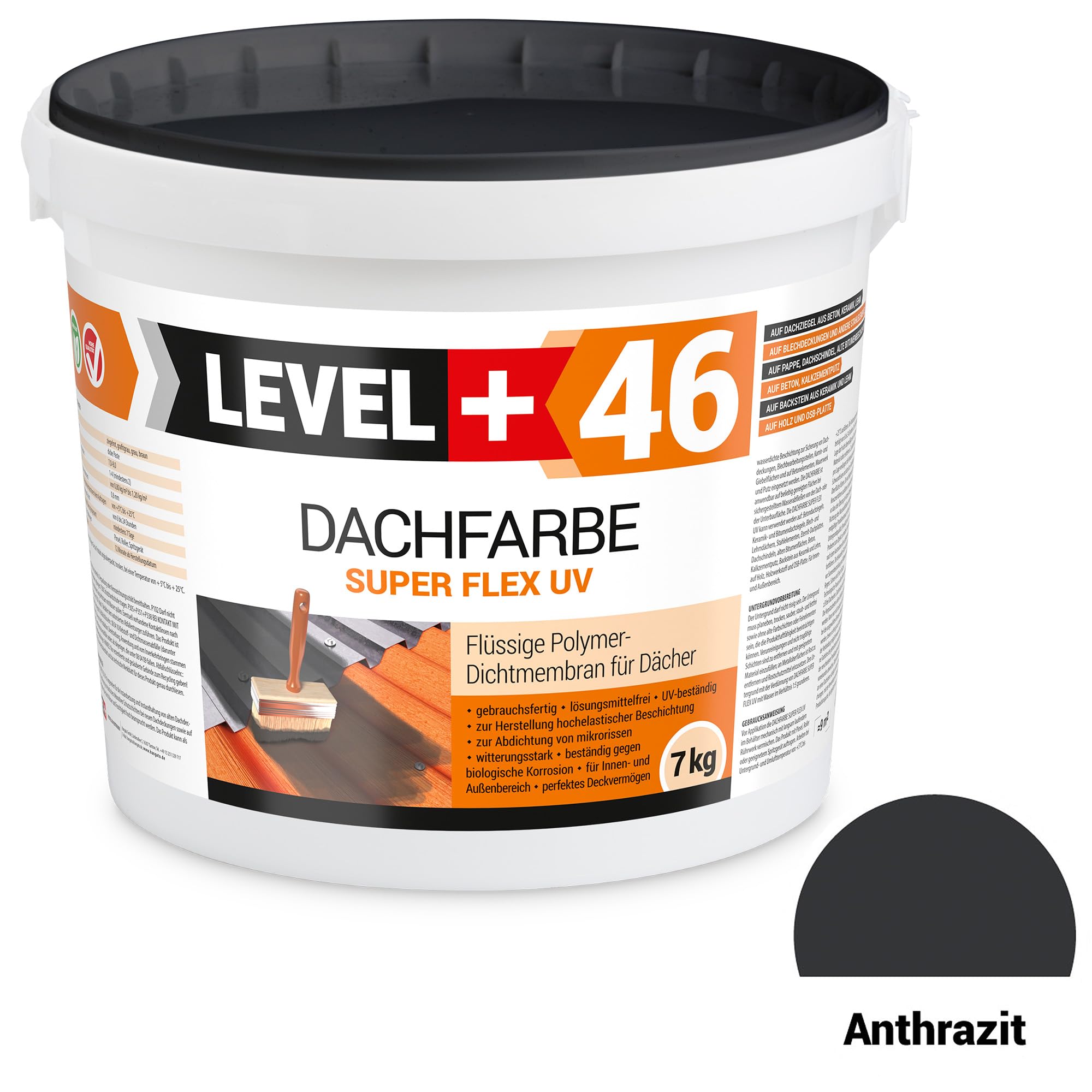 Dachfarbe 7kg Anthrazit, Sockelfarbe, Dachlack, Dachsanierung, Flexibler Polymermembran Wetterbeständig + Farbroller 10cm Mikrofaser mit Bügel Set RM46