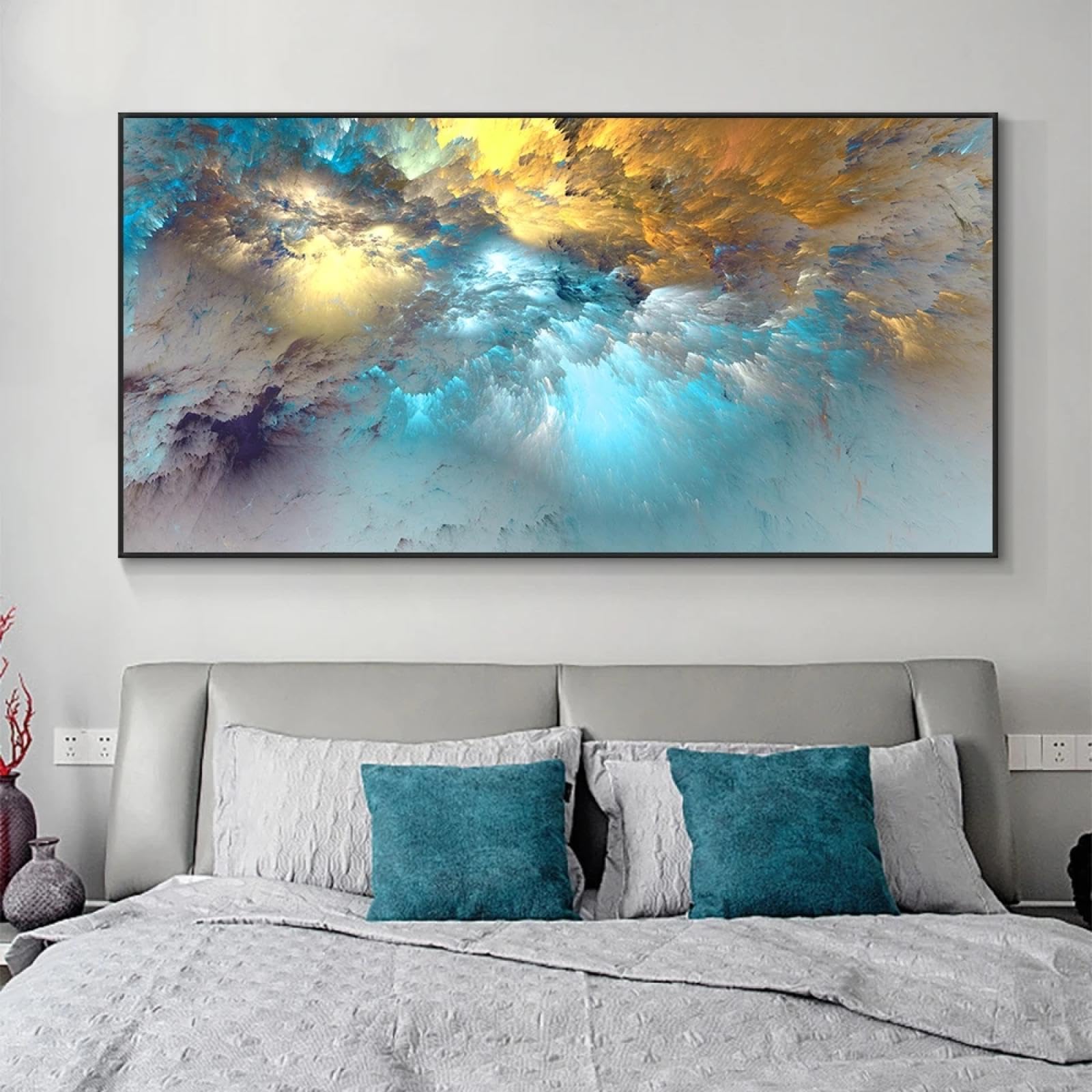 Nuage bleu doré peintures d'art abstrait affiches et impressions toile art moderne tableau mural indépendant pour la décoration de salon 70x140 cm (28x55 pouces) avec cadre