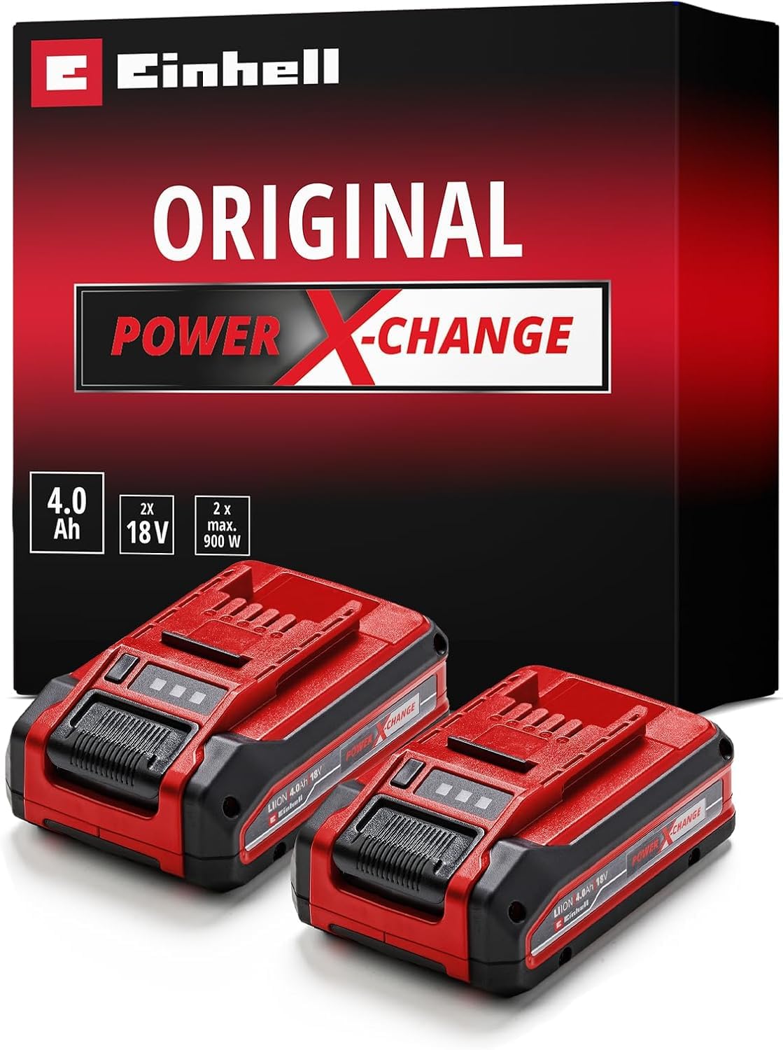 Original Einhell Batería 4 Ah Power X-Change Plus (18 V, Iones Li, de Uso Universal para Todos los aparatos Power X-Change, Control de Nivel de Carga, Twin-Pack, Incl. 2 baterías 4 Ah, sin Cargador)