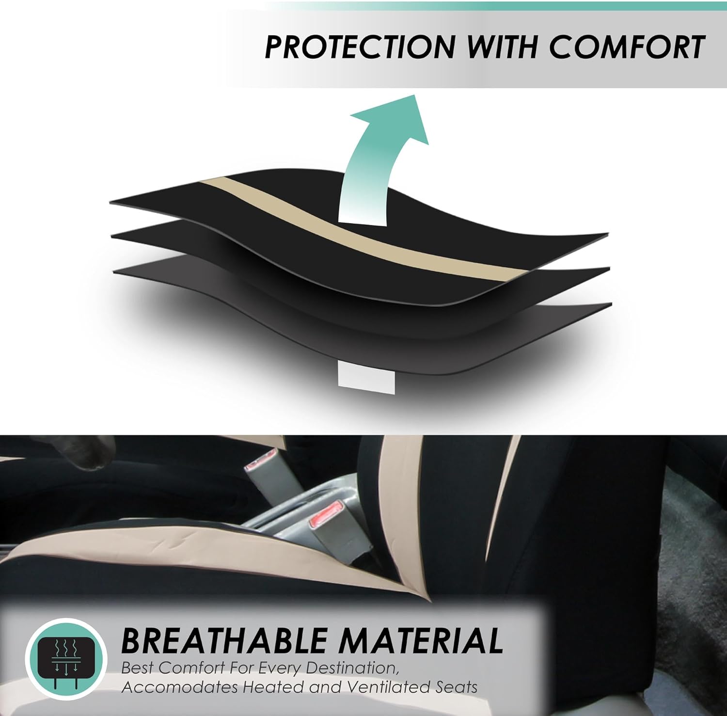 FH Group Car Seat Covers Cosmopolitan Flat Cloth Full Set Seat Covers, Car Accessories Beige Combo Steering Wheel Cover and Seat Belt Pads Airbag and Split Rear Universal Fit for Cars Vans Truck