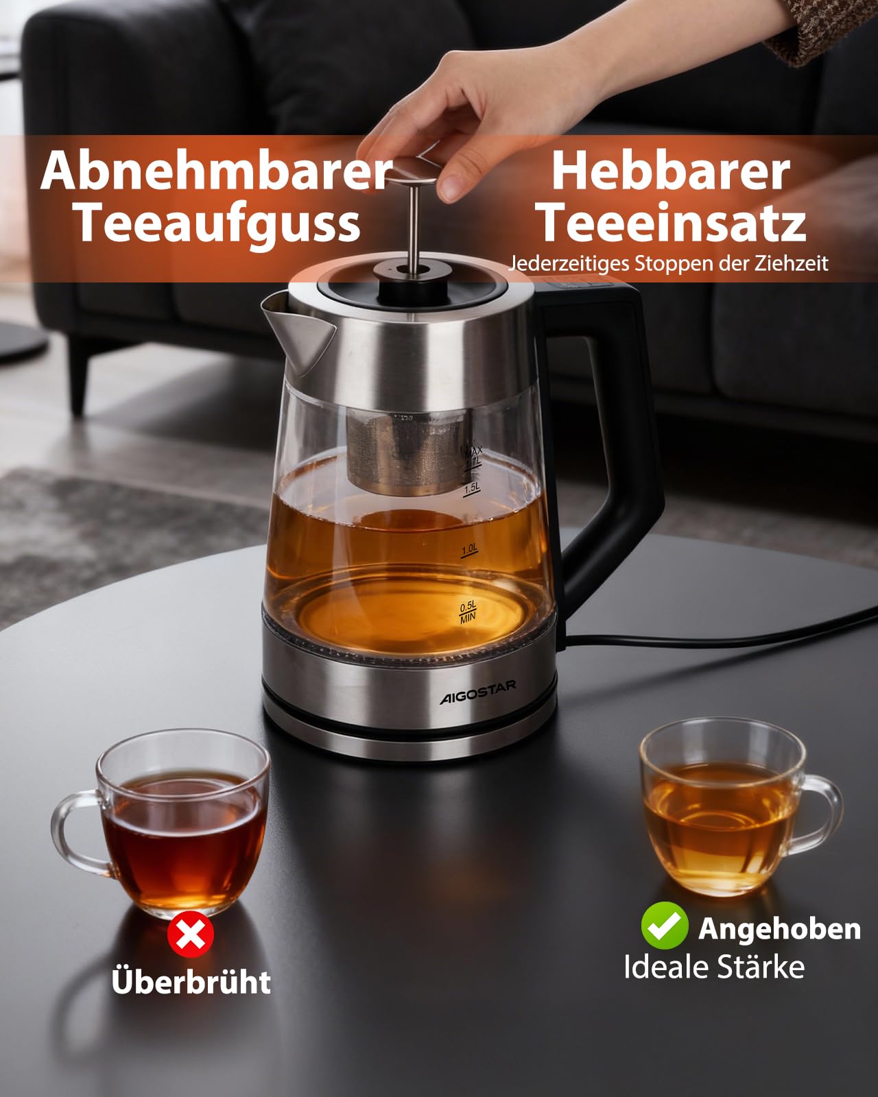 Aigostar Wasserkocher mit Temperatureinstellung, Edelstahl & Glas, BPA-frei | Keramikbeschichtung Kalkfrei Teemaschine, 1,7 Liter, 2200 Watt, Schnelles Kochen, Warmhaltefunktion, für Büro & Partys