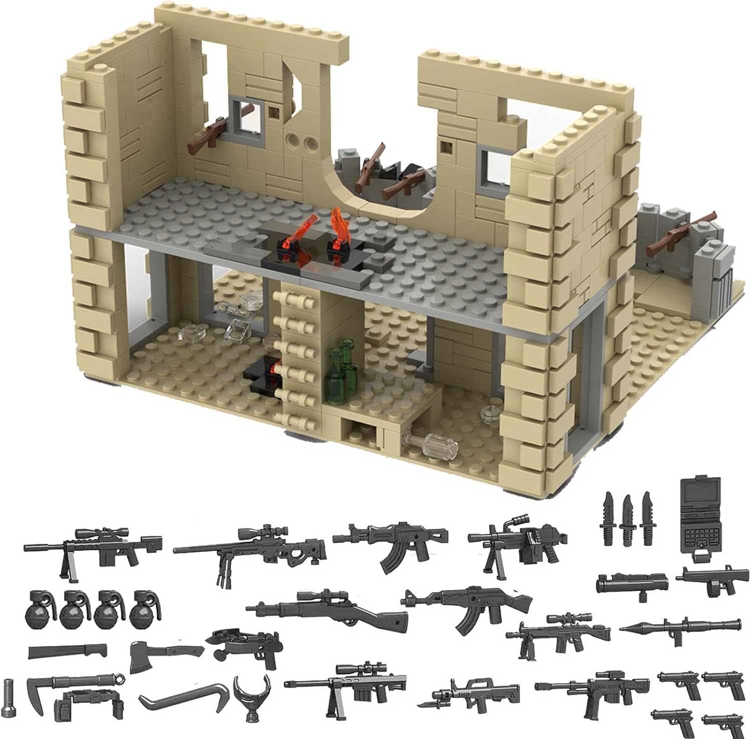 WW2 Military Scene Building Blocks with Toy Weapon Pack Accessories, Military Ruins, Diorama Base Set, Military Accessories Toys (Scene A)
