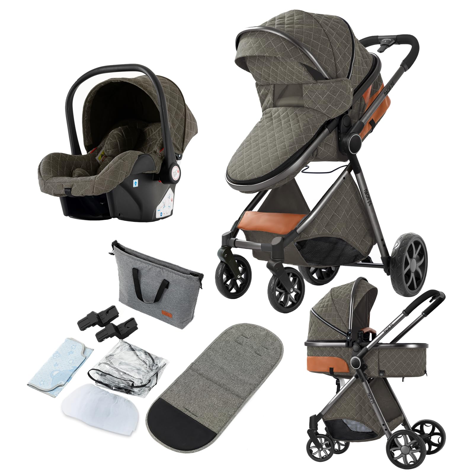 Reenborn Kinderwagen 3 in 1, Buggy mit Zwei Umkehrbaren Schiebemodi, Kinderwagen mit Rahmen Aluminiumlegierung, Kinderwagen 3 in 1 Komplettset mit Ein-Klick-Faltdesign Hohe Landschaft (V9 Deep Grey)