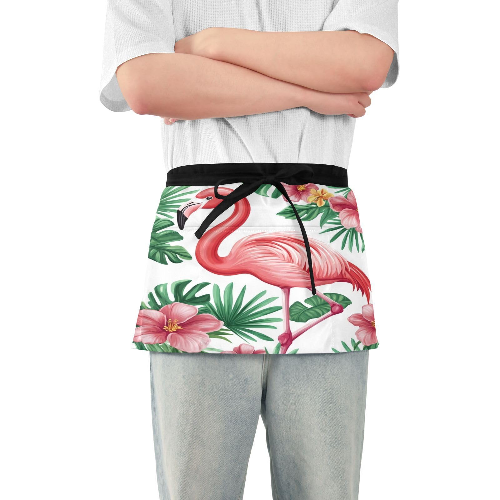 Kigai Flamingo Server Aprons for Men Women Water & Oil Resistant Waitress Waiter Waist Apron with 3 Pockets