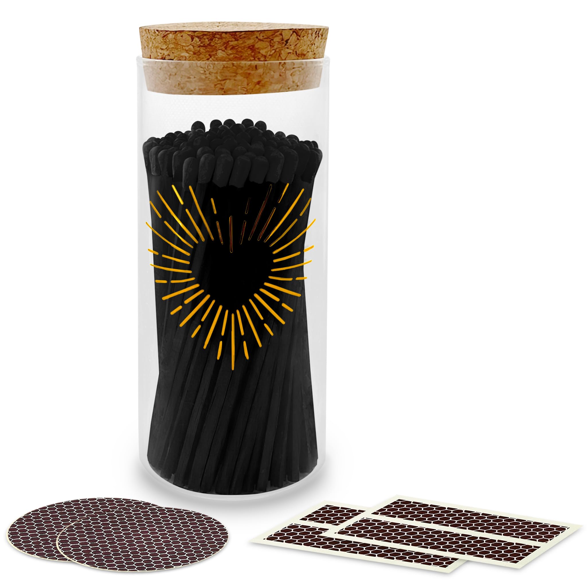 Decorative Matches in Gold Heart Foil Glass Jar | 4" All Black Long Matches (100 match sticks) Cork Top Glass Holder + Striker Stickers | Gifts, Décor