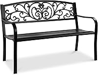 Best Choice Products Steel Outdoor Bench for Patio Porch Garden Deck - 3-Seat Floral Backrest Slatted Seat Black 400 lbs