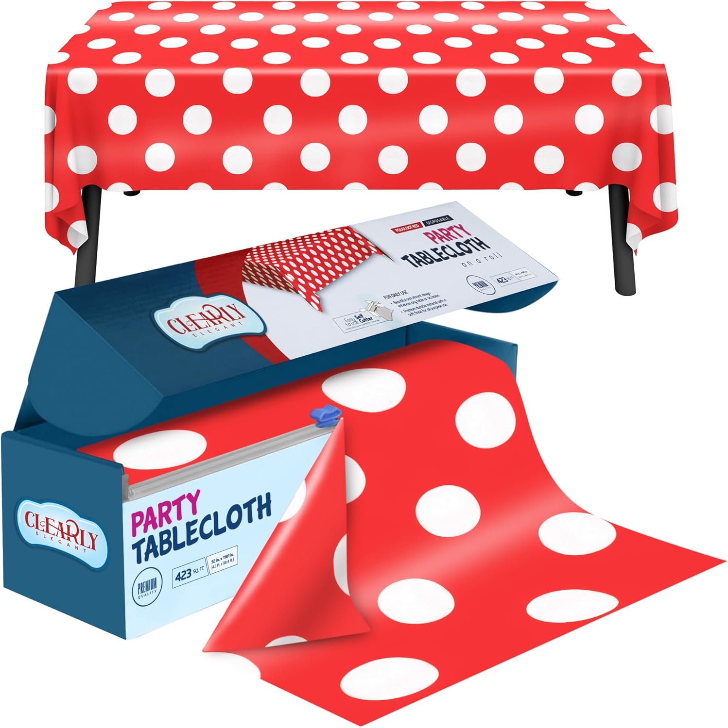 Clearly Polka Dot Red Plastic Tablecloth Roll with Cutter, 423 Sq.Ft (52"x1181") Extra Large Disposable Picnic Table Cover, Plastic Table Cloth Disposable for Parties, Events and Outdoor Gatherings - Image 2