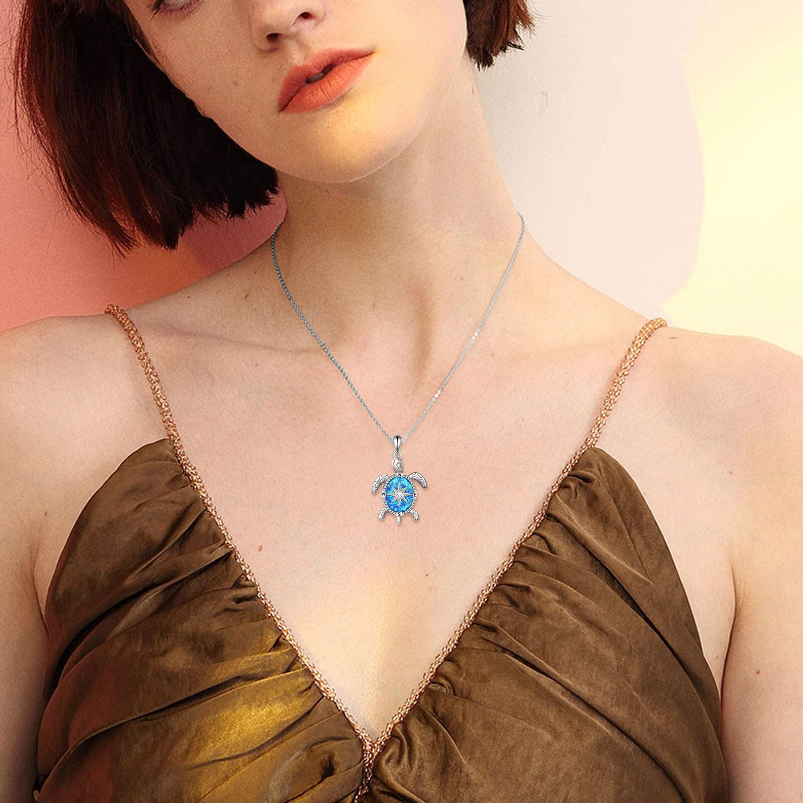 JERWLI Collar con brújula de ópalo azul, tortugas marinas para mujer, plata de ley, joyas para tortugas, collares de playa para niñas, amantes de los animales, regalos, Plata esterlina