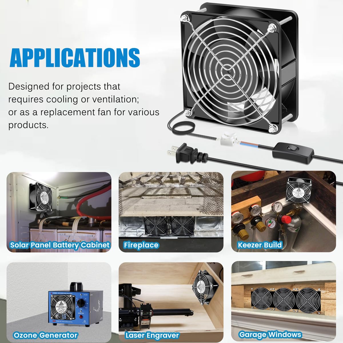 Ventilador AXIAL 12038, 110 V 120 V CA 4.724 in x 1.496 in, doble rodamiento de bolas, alto CFM con cable de alimentación Swtich para proyectos de escape de ventilación de refrigeración DIY 2