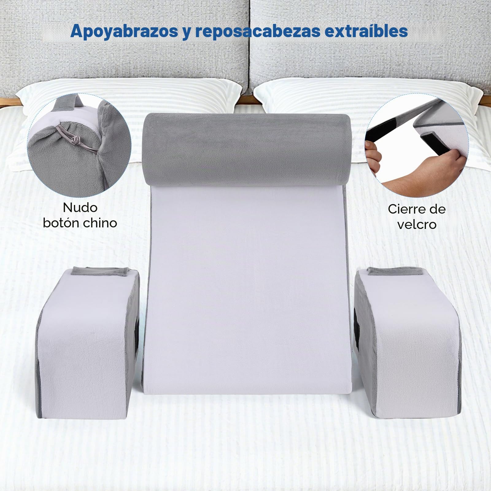 Cojín ergonómico de lectura con reposacabezas y reposabrazos desmontables, soporte lumbar para cama, sofá, suelo, ajustable para leer, trabajar y relajarse