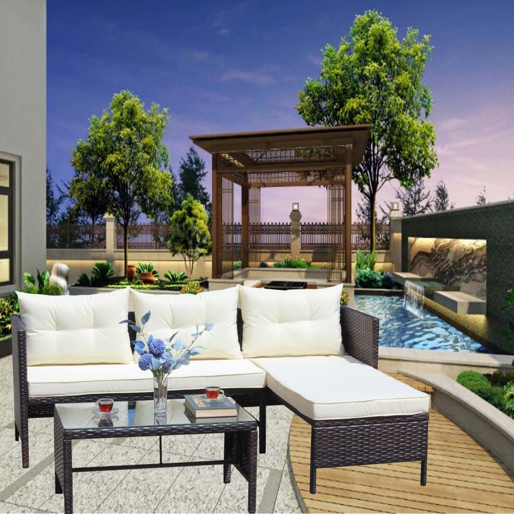 3 Piece Patio Furniture Set Outdoor Conversation Set Wicker Rattan Sectional Sofa with Beige Cushions Powder Coated Steel Frame Hand-Woven Rattan Backyard Porch Couch Easy Assemble