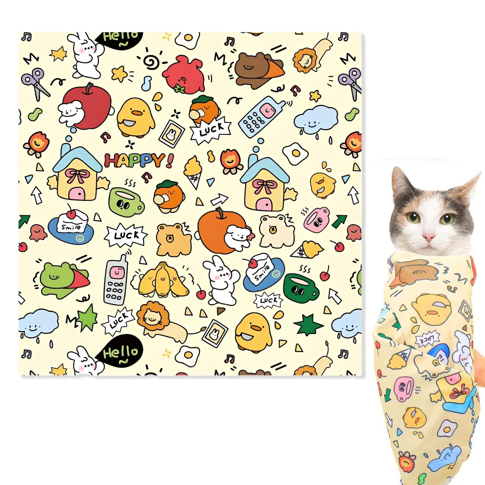 Bolsa de Aseo para Gatos Corta Uñas Gato, Envoltorio de Sujeción Extra Grande 70x70cm de Poliéster, Manta para Limpieza de Oídos y Medicación, Diseño Graffiti