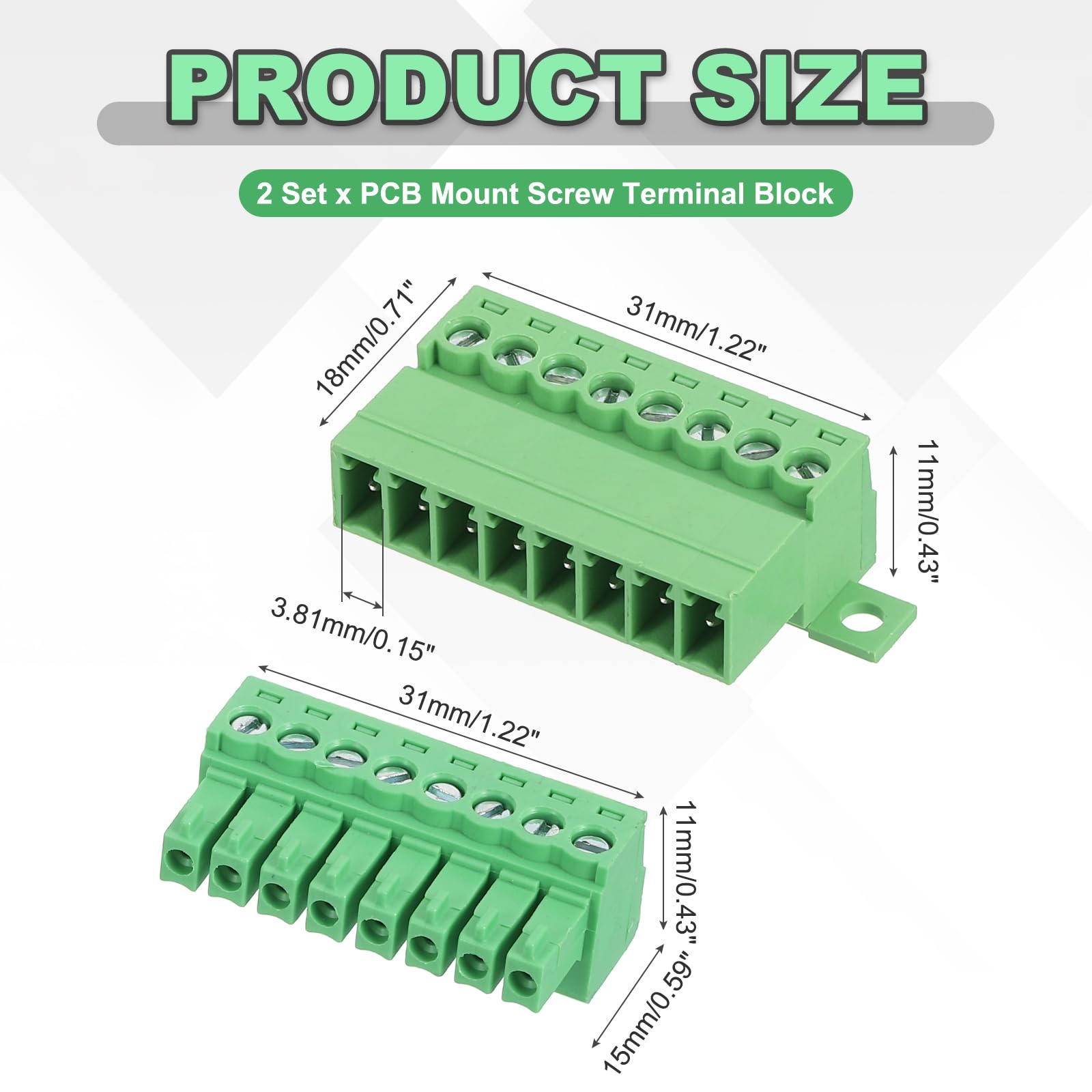 sourcing map Lot de 2 connecteurs de bornier à vis à 8 broches, pas de 3,81 mm mâle et femelle pour montage sur circuit imprimé 300 V 8 A connecteur de bornier vert pour projet électronique domestique