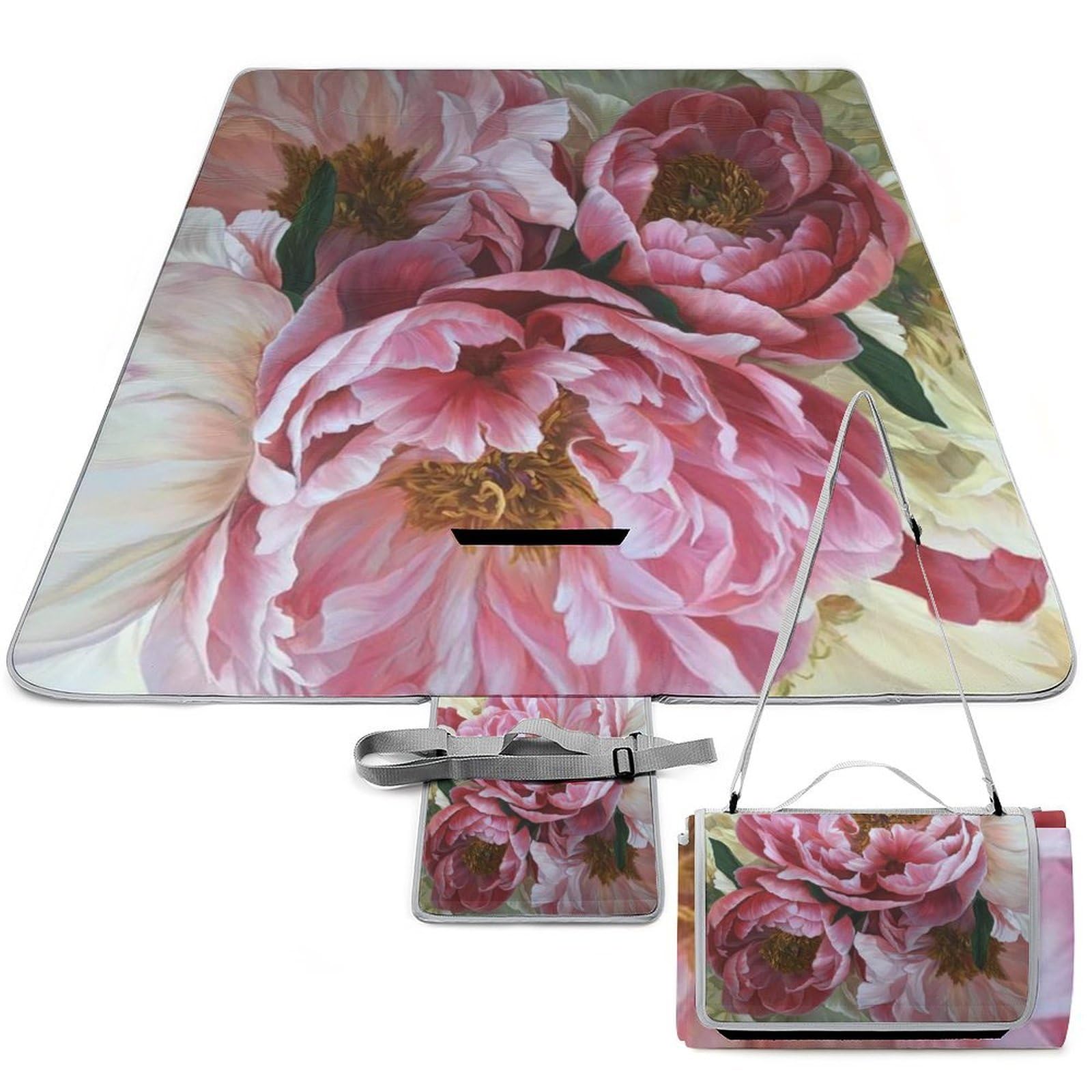 Tapis de pique-nique pliable imperméable avec motif fleurs de pivoine