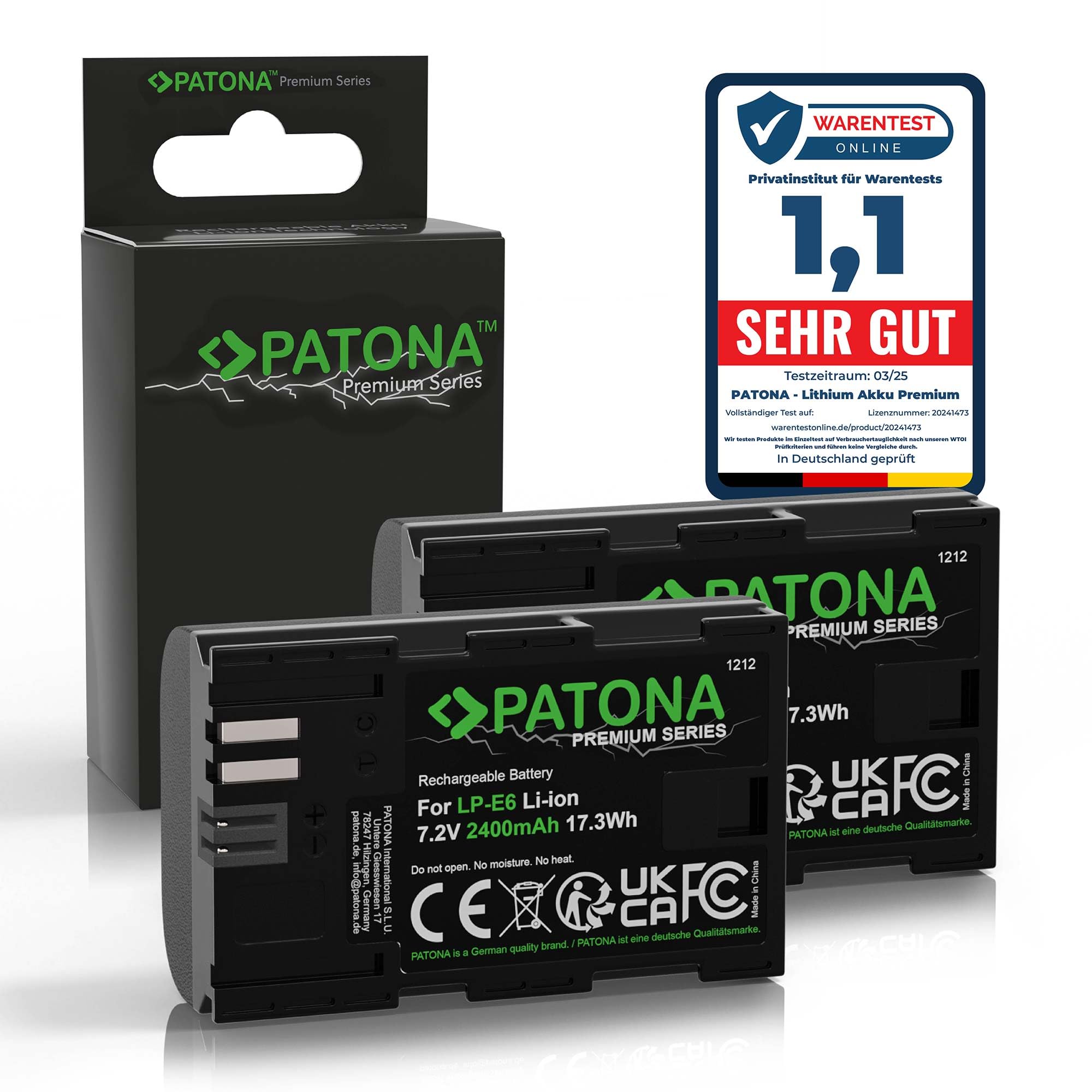 PATONA 2X Premium Batterie pour Canon LP-E6 LPE6 2400mAh | Batterie pour EOS 5D Mark II III IV 5DS R R5 6D 7D 60D 60Da 70D 80D 90D XC10 XC15 WFT-E5 E7, anti court-circuit