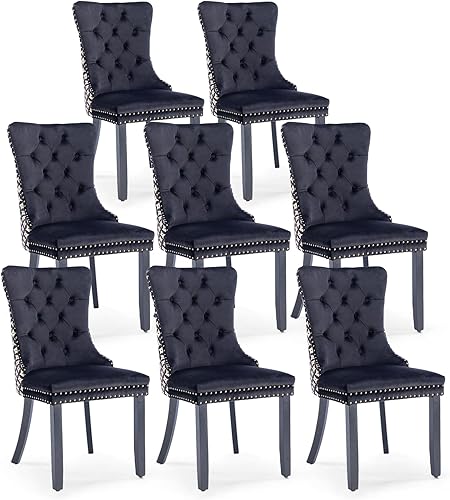 Miniatura 104 de Juego de 6 sillas de comedor de terciopelo, sillas de comedor tapizadas acolchadas con ribete de tachuelas y patas de madera maciza para cocina,