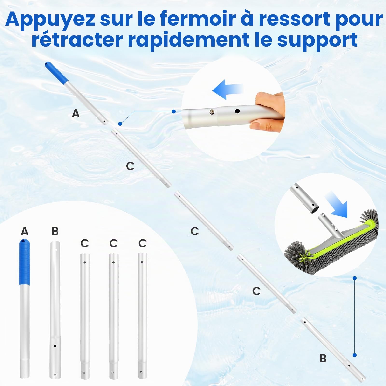 Kit de Nettoyage pour Piscine avec Brosse Ronde, Manche en Aluminium de 169 cm et Filet de Piscine, Ensemble Professionnel pour Nettoyage Efficace