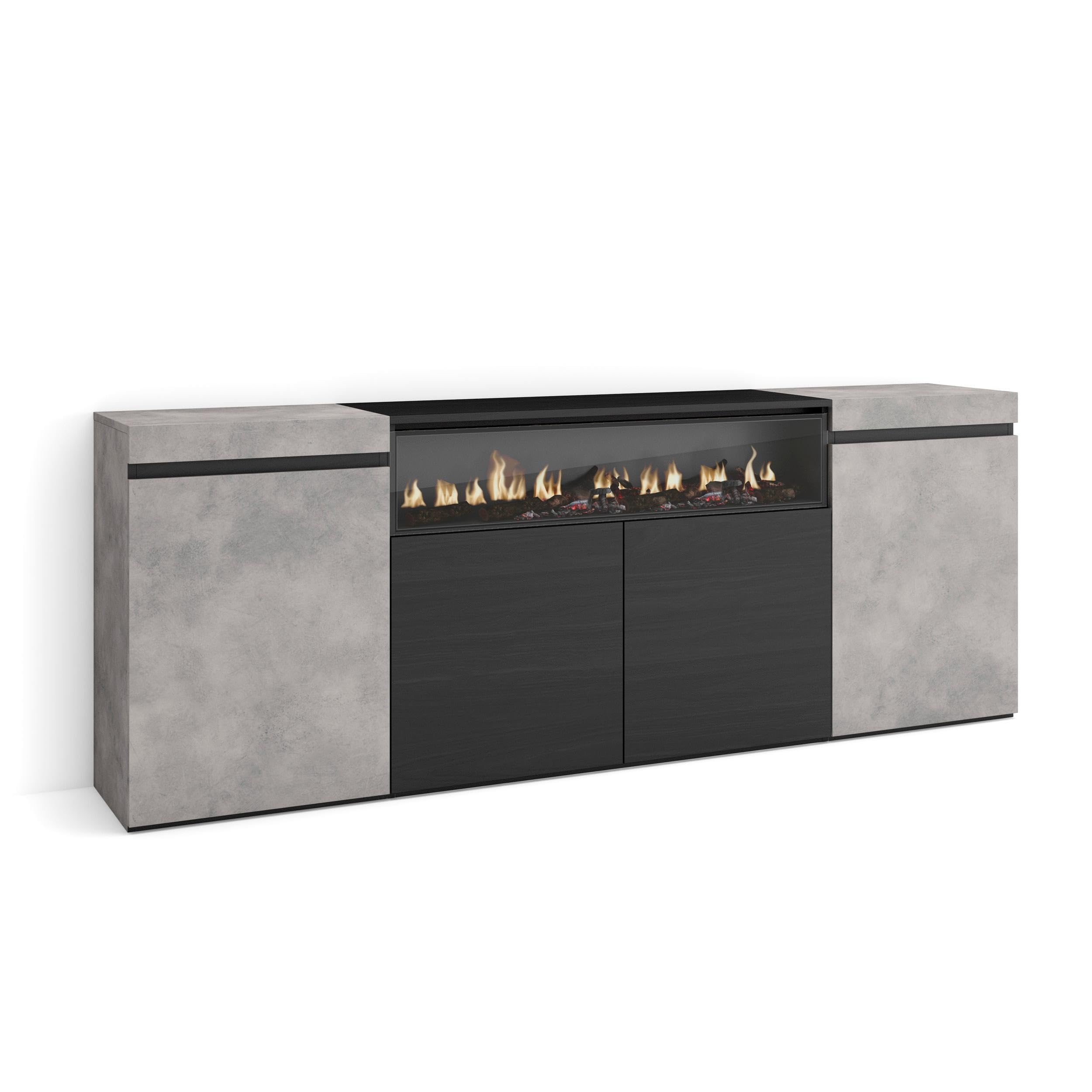 Skraut Home | Aparadores para salón | Gran Capacidad de almacenaje | 200x75x35cm | 4 Puertas | Chimenea eléctrica | Estilo Moderno | Cemento