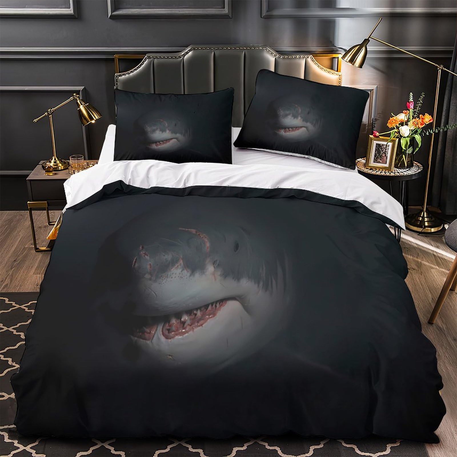 Housse de couette requin 3D lit 1 personne parure de lit microfibre avec zip