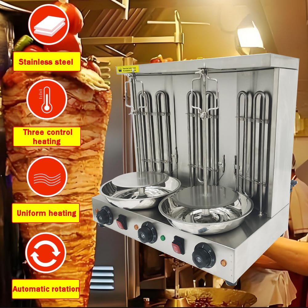 Electric Shawarma Grill Machine Vertical Broiler Rotating Doner Kebab Machine Countertop Gyro Grill Oven Rotisserie Shawarma with 3 Burners for Home Kitchen 3600W