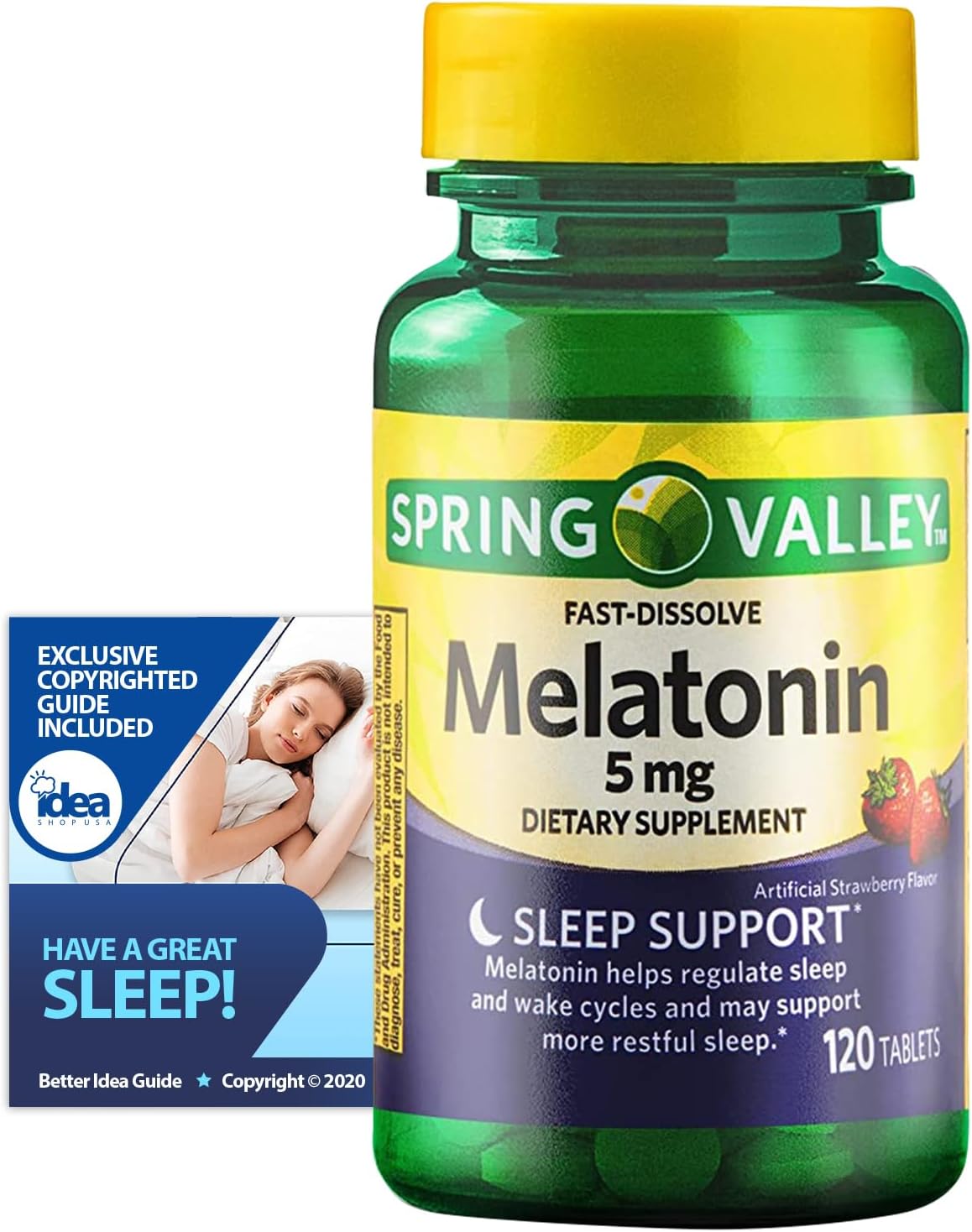 Melatonin Fast-Dissolve Tablets, 5mg by Spring Valley (1 Pack 120ct) + “Have a Great Sleep - Better Idea Guide©”