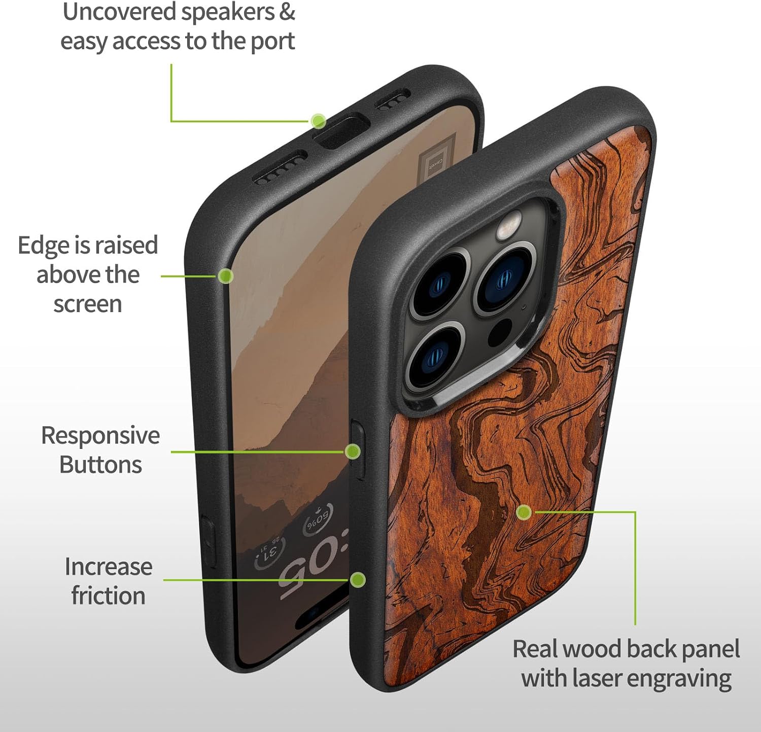 Carveit Magnetic Wood Case for iPhone 14 Pro Max [Natural Wood & Black Soft TPU] Unique & Classy Wooden Shockproof Protective Cover Compatible with magsafe (Fluid Abstract Waves -Rosy)