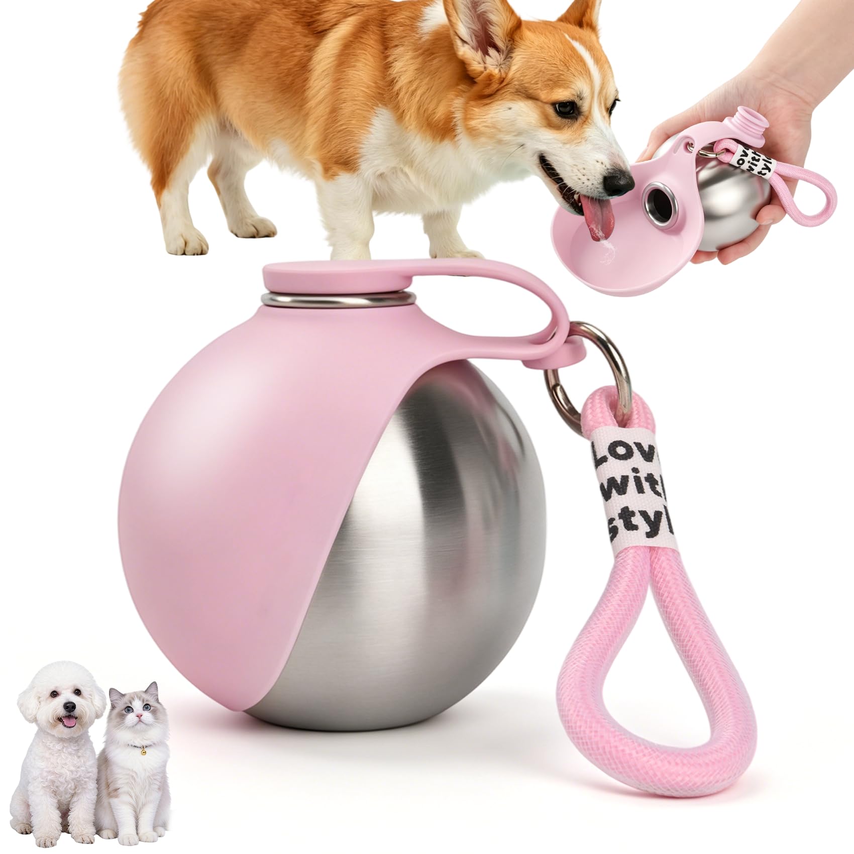 Bebedero Portátil para Perros, 285ml Botella de Agua para Perros de Acero Inoxidable, Botella Antifugas con Cuenco Plegable de Silicona, Botella de Agua Portátil para Pasear, Viajar y Acampar