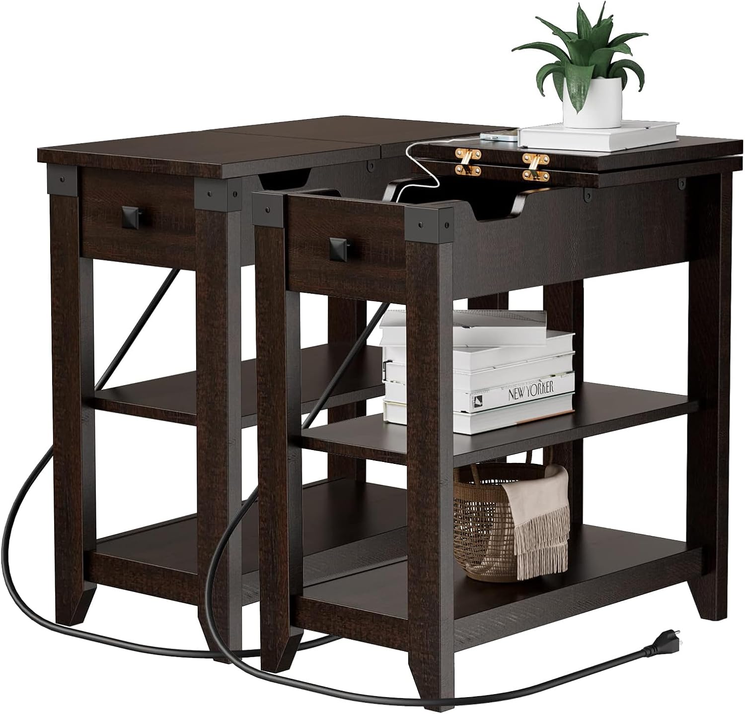 Set of 2 Narrow End Tables, Flip Top Side Tables with