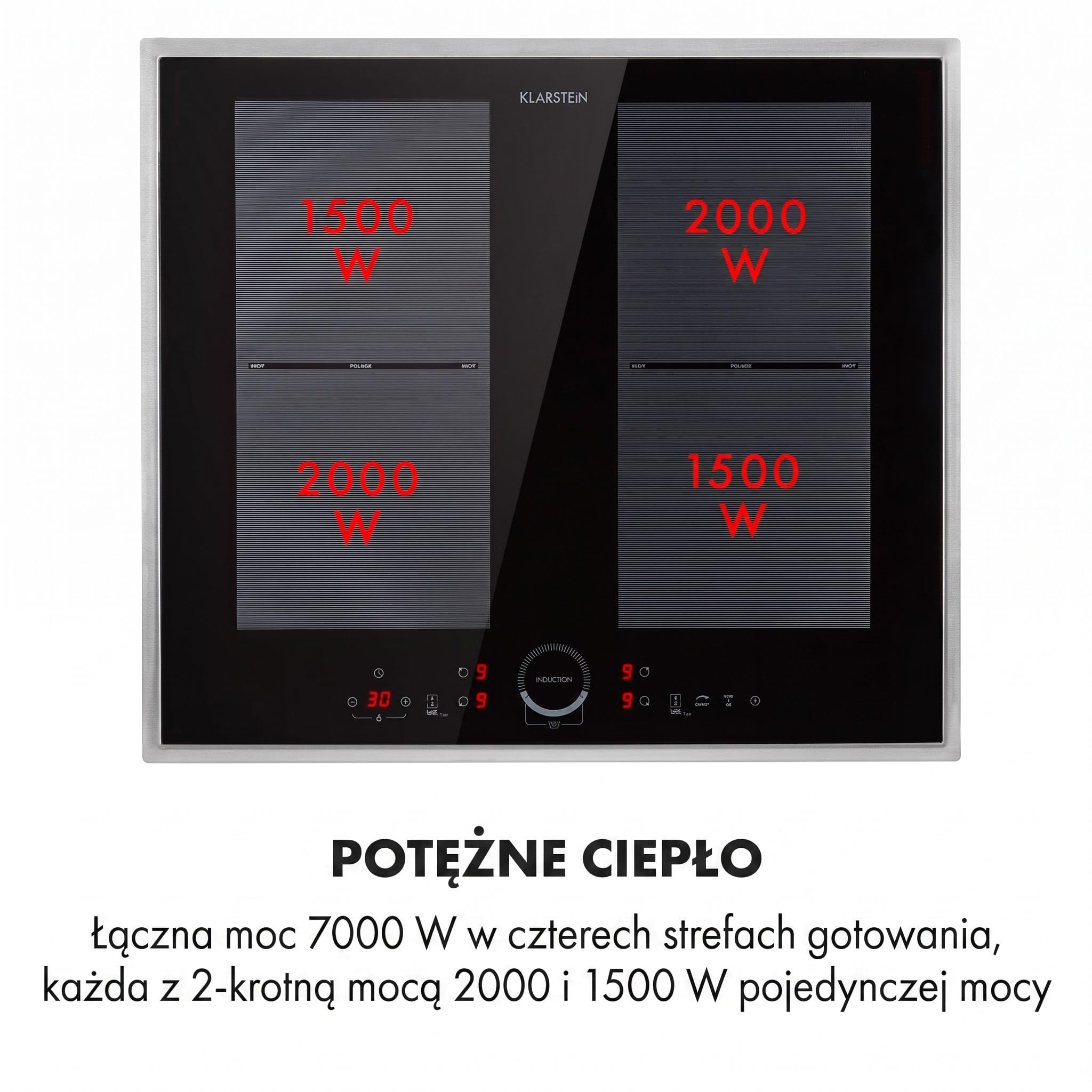 Klarstein Delicatessa Prime 60 Flex płyta indukcyjna - 60cm, 4-strefowa płyta do zabudowy, 7000W ThermoBoost, sterowanie dotykowe, timer i blokada rodzicielska, czarne szkło ceramiczne