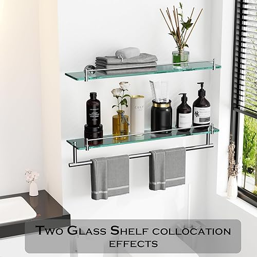 Miniatura 6 de KOCOK Estante de vidrio para baño con toallero para montaje en pared, estante de vidrio flotante de 20 pulgadas, rectangular, acero inoxidable 304,