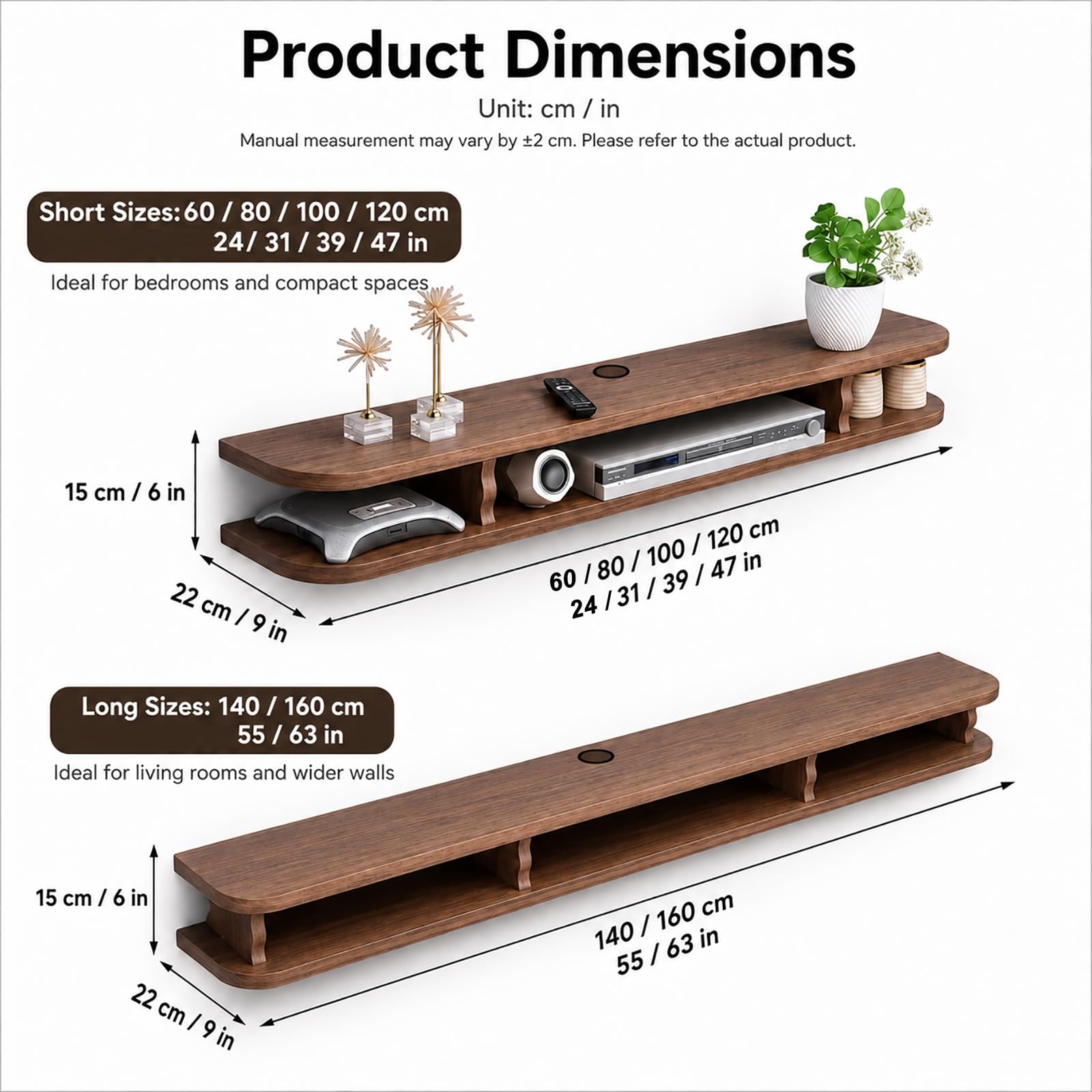 Mobile TV Sospeso in Legno con Cassetti | Mobile Porta TV da Parete per Soggiorno, Tavolino TV con Gestione Cavi(Brown,60cm/24in)