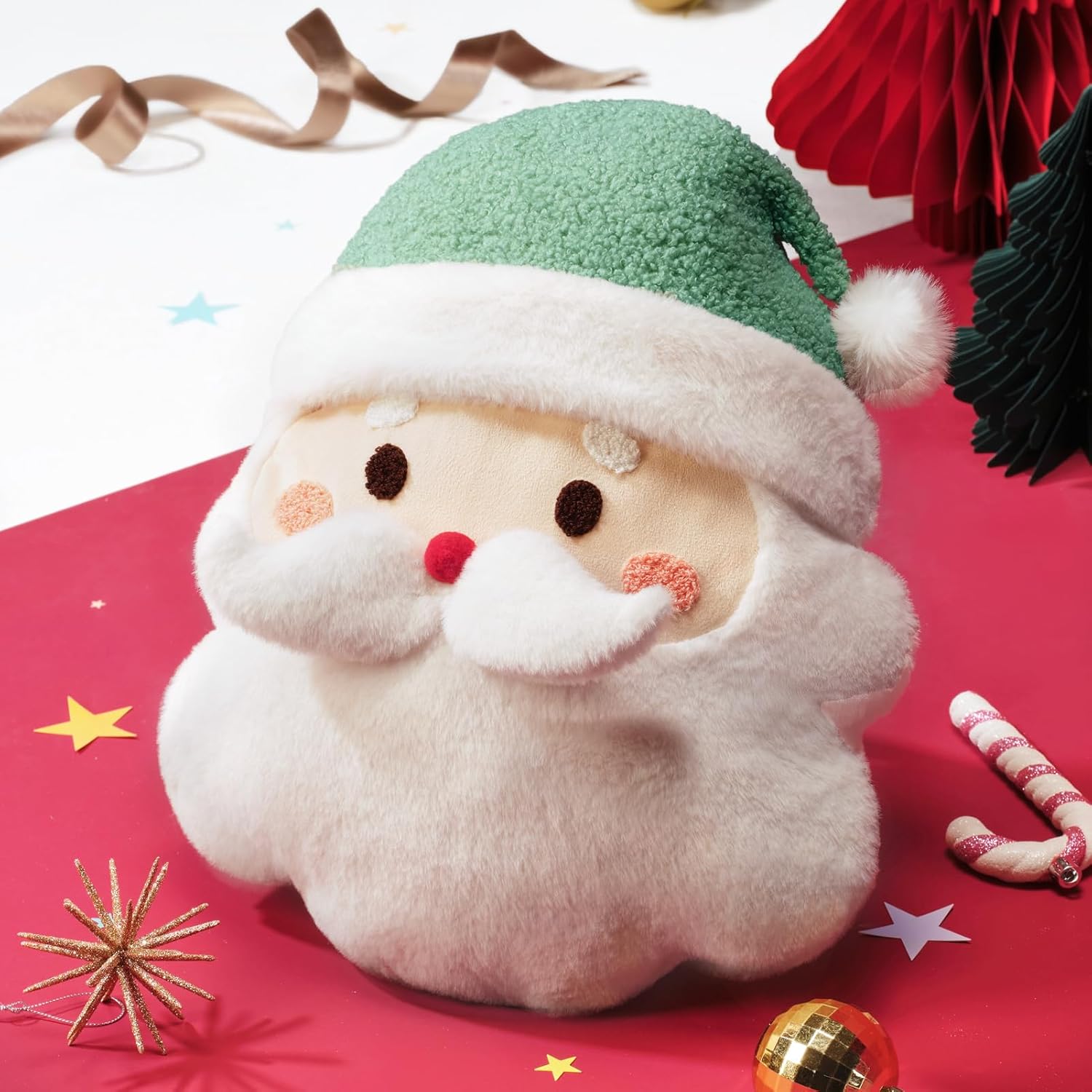 Ashler Santa Claus Christmas Pillow, Santa Shaped 3D Plush Throw Pillow, Cute Beard Decorative Cushion for Couch, Chair, Bed, 16x13.5 Inches, Light Green