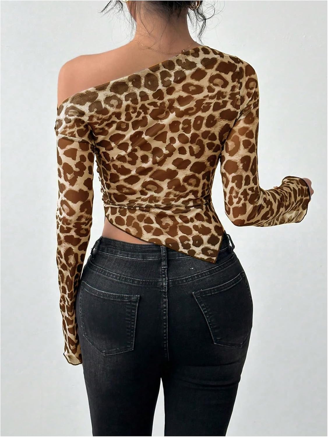 SHENHE Women's Leopard Off The Shoulder Top Long Sleeve Ruched Slim Fit Asymmetrical Y2k Shirt - Image 2