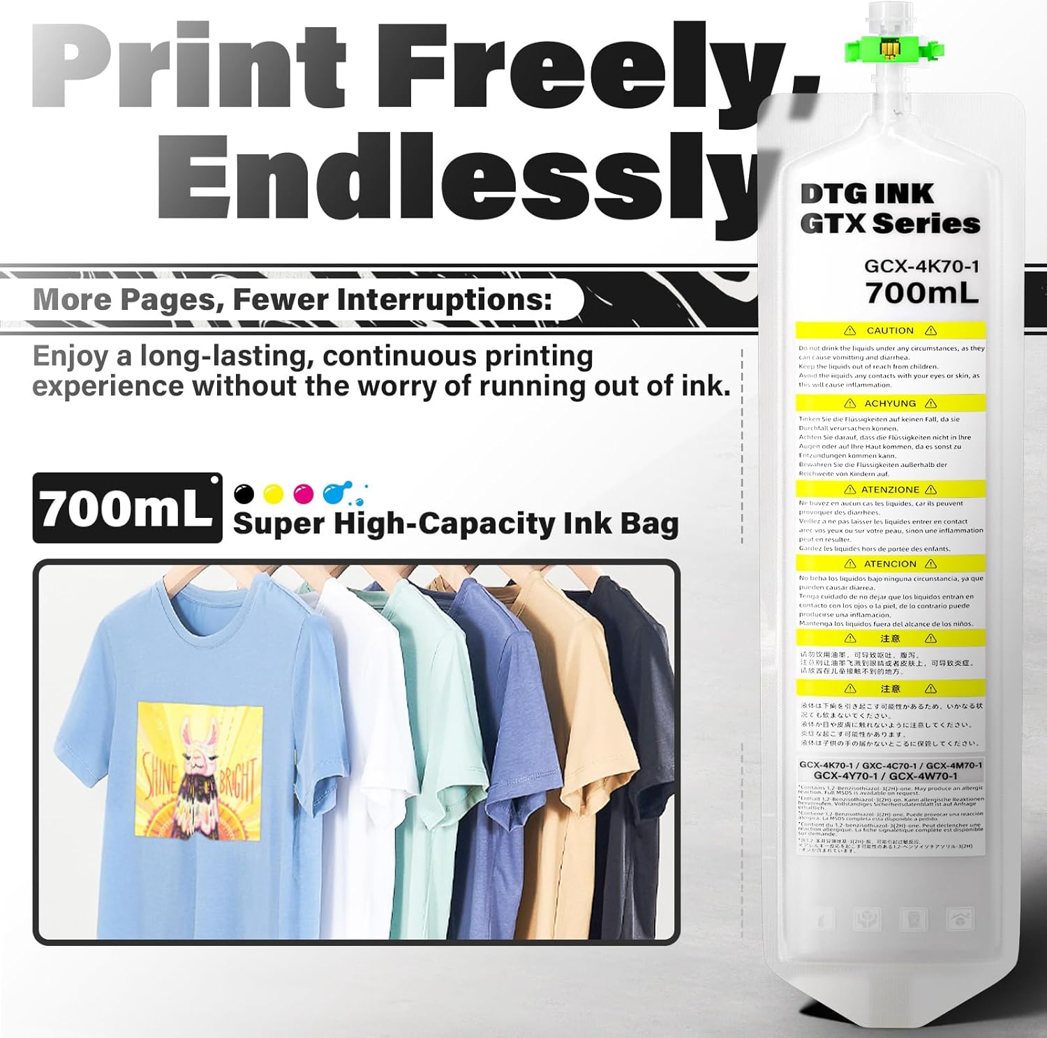 Spaceink DTG Textile Ink Bag White (with Chip) 700ML Direct to Garment Printing for Brother GTX GTX Pro GTX-422 GTX-423 GTX-425 Printer