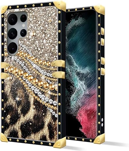 DAIZAG Funda compatible con Samsung Galaxy S22 Ultra, B Leopard Chain Diamond Samsung Galaxy S22 Ultra, funda cuadrada de lujo elegante para mujeres