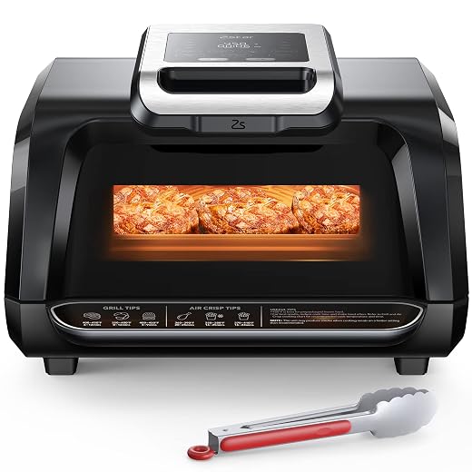 Zstar Indoor Grill Air Fryer Combo with See-Through Window, 7-in-1 Smokeless Electric Air Grill up to 450°F, 1750W Contact Grill with Non-Stick Removable Plates, Even Heat, Silicon Tongs as Gift, 4Qt