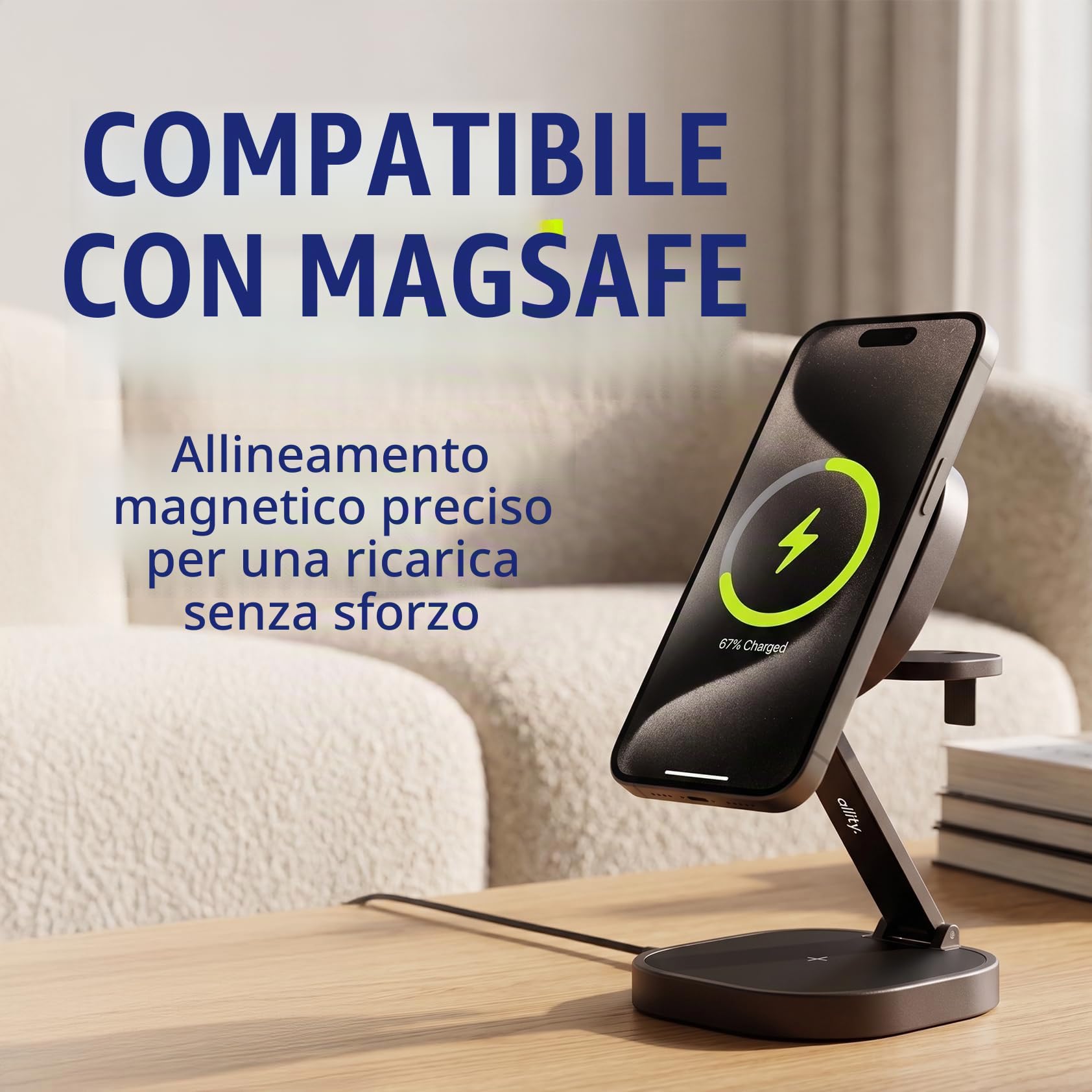 Caricabatterie 3 in 1 da 25 W, stazione di ricarica wireless pieghevole per iPhone, Apple Watch e AirPods, mini supporto di ricarica wireless con LED e USB-C, compatibile con Qi e MagSafe