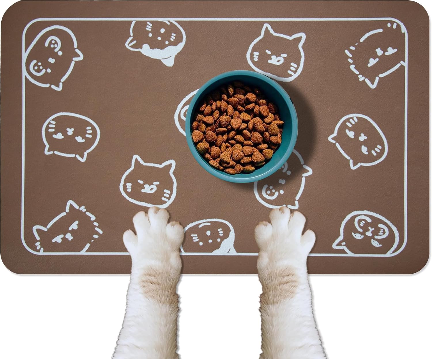 YCT Cat Food Mat, Cat Mat for Food and Water, Pet Feeding Mat, Non-Slip Super Absorbent, with Multiple cat Heads Logo, 24 x 16.9 inches, Blue
