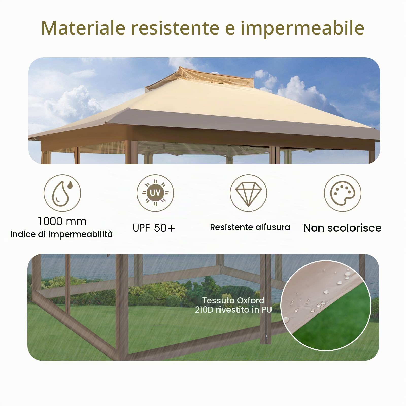 HOMASIS Gazebo Pieghevole con Tetto Doppio 3,6 x 3,6 m, Gazebo Esterno Resistente, Gazebo da Giardino in Altezza Regolabile con Cavi Anti-Vento/Sacchi di Sabbia/Borsa con Ruote, Cachi (Stile 1)