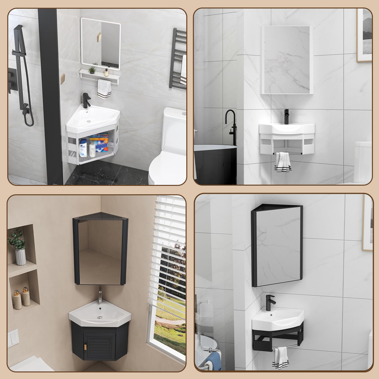 Lavabo Multiusos de Pared 43cm, Fregadero de Cocina Esquinero Colgado, Mueble Lavabo de Pared Todo en Uno - Uso en Baño, Cocina, Caravana o Taller con Armario y Grifo, Beige