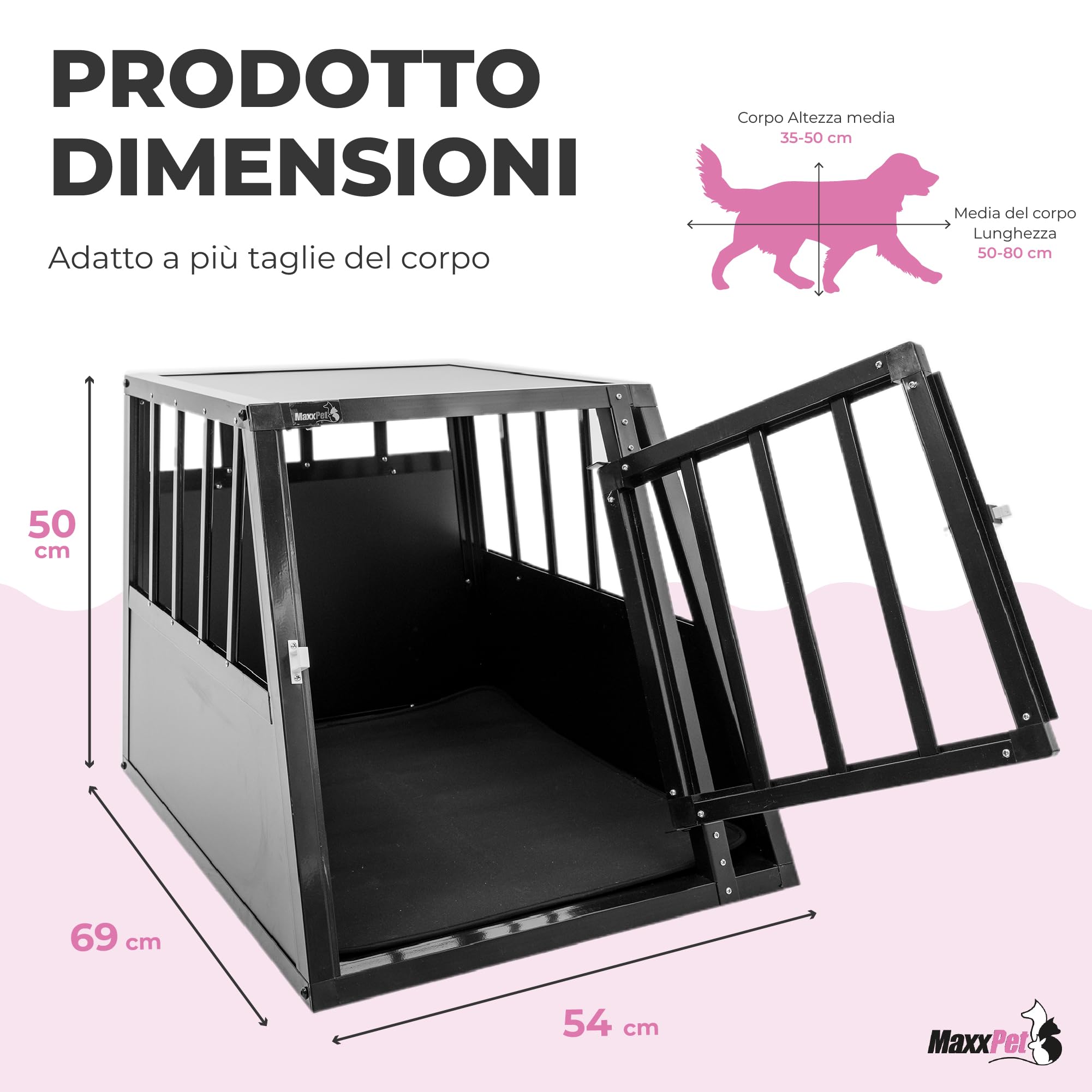 MaxxPet Box per cani per auto, pieghevole, 1 porta, trasportino per cani e gatti, 54 x 69 x 50 cm