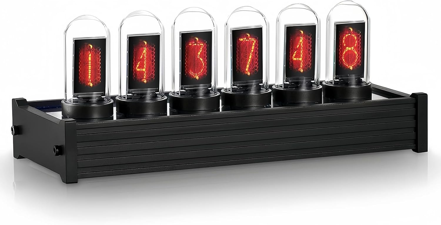 Eyes.sys, Nixie Tube IPS Vintage Digital Alarm Clock,6 Bit RGB Glow LCD Time Photo Display,DIY Nixie Tube Clock Simulation, 12 and 24 Hours Display,5V USB Creative Retro Desk Decoration Gift (Black)