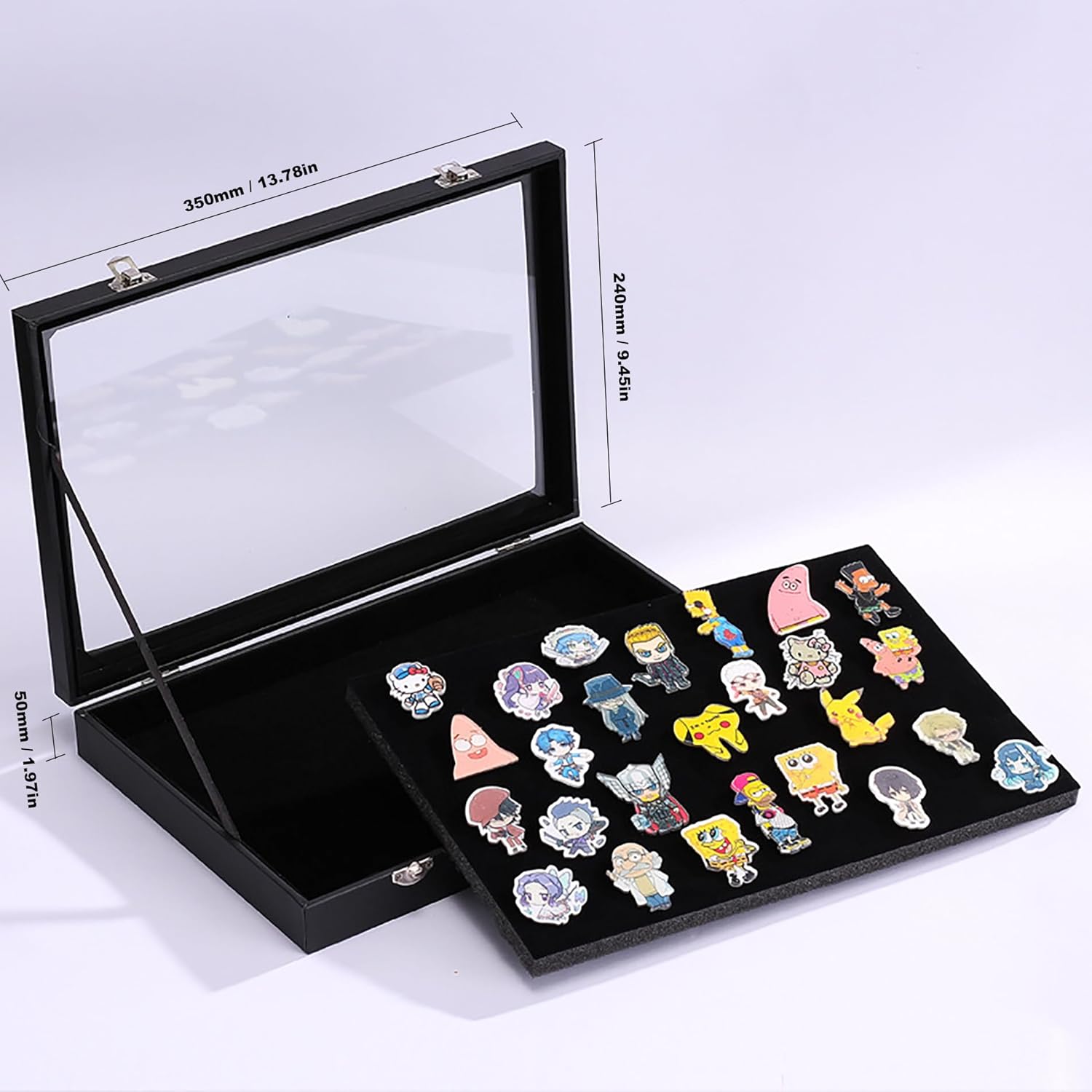 Badge Display Box - 13.8 X 9.5 X 2.0 Inches Pin Display Case -Glass Top Collection Display Case for Breastpin, Medal, Badges, Ribbons, Brooch, Jewelry