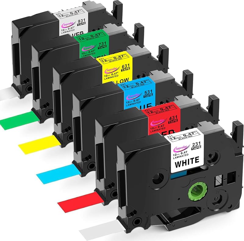 Anycolor 6 Pack Compatible with Brother P Touch 12mm 0.47 Inch Laminated | TZe Label Maker Tape TZe TZ Tape for Brother Ptouch PT-D220 PT-D210 PT-H110 D410 D600, White/Silver/Red/Blue/Yellow/Green