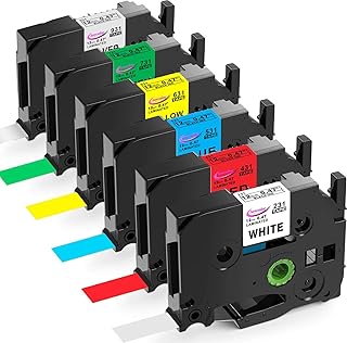 Anycolor 6 Pack Compatible with Brother P Touch 12mm 0.47 Inch Laminated TZ Label Maker Tape TZe TZ Label Tape for Brother Ptouch PT-D220 PT-D210 PT-H110 D410 D600, White/Silver/Red/Blue/Yellow/Green