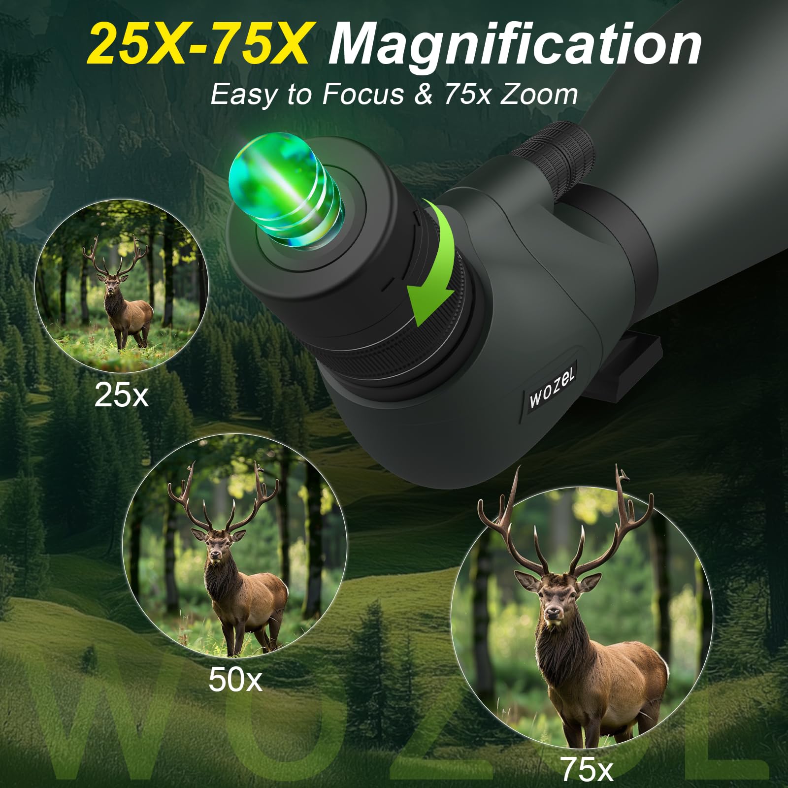 WOZEL Lunette d'observation HD 25–75 x 100 mm – Prisme BAK4 coudé à 45 degrés haute définition étanche pour observation des oiseaux, tir sur cible, chasse, observation de la faune sauvage avec sac de