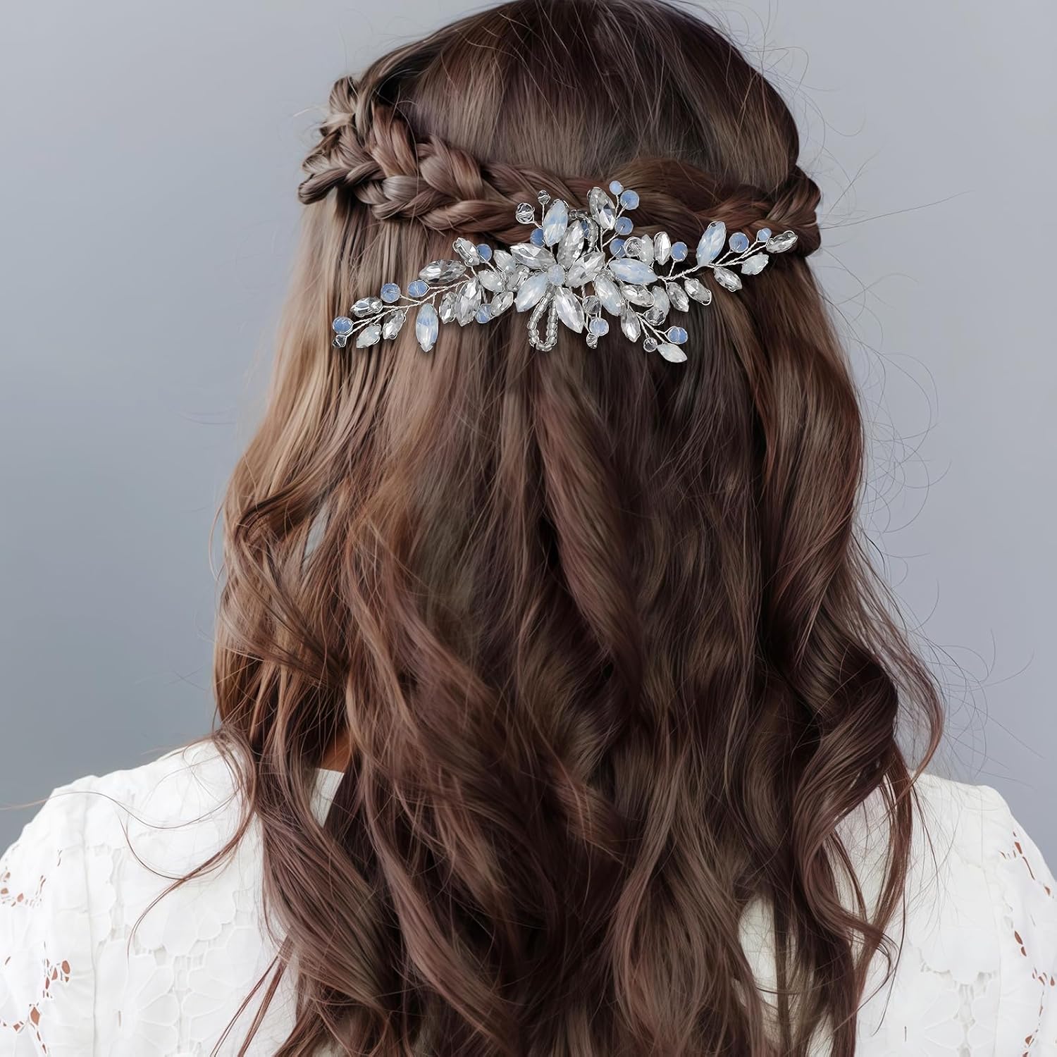 Light Blue Opal & Crystal Bridal Jewelry, Fanvoes Handmade Silver Wedding Hair Comb Vintage Headpiece Rhinestone Hair Barrette Clip for Bride Bridesmaid Women