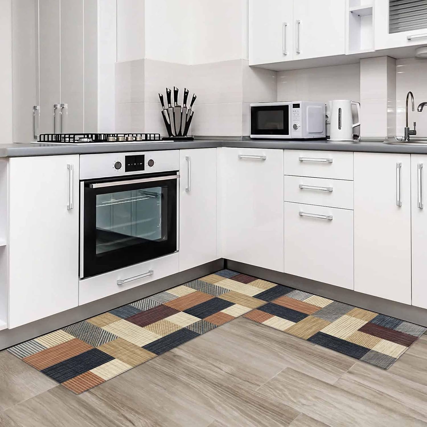 Kitchen Mats for Floor Farmhouse Brown Beige Wood Grain Washable Non Slip Kitchen Rugs 2PCS, Vintage Stripes Absorbent Standing Mats for Sink Bathroom Office Living Room 15.7x23.6in+15.7x47.2in