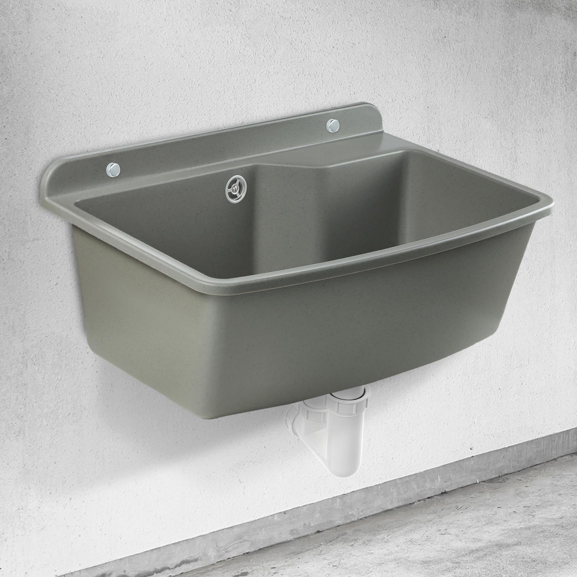 GOSPO Bassin d'évier en plastique solide avec trop-plein et siphon 61 x 44 x 23,5 cm 38 l, gris